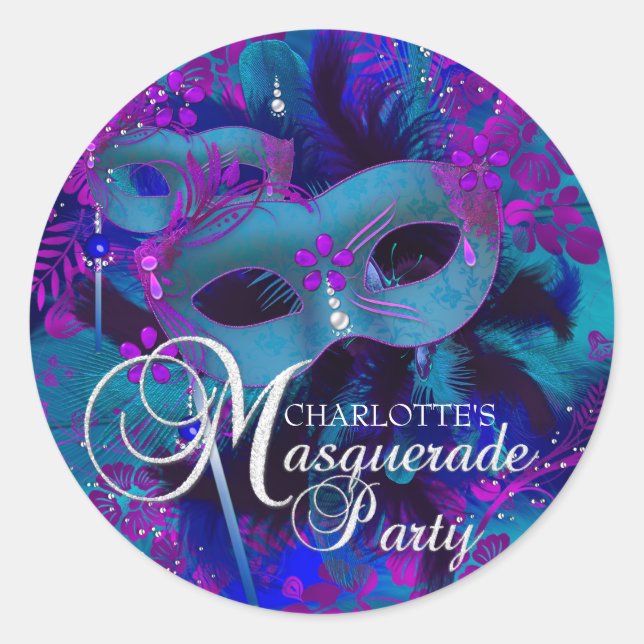 Purple & Teal Floral Masquerade Party Sticker (Front)