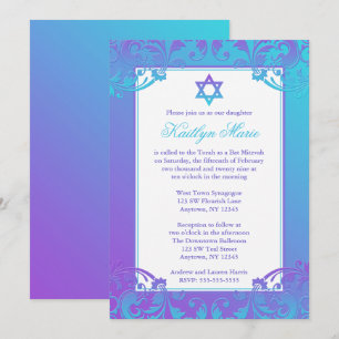 Purple Teal Flourish Bat Mitzvah Invitations