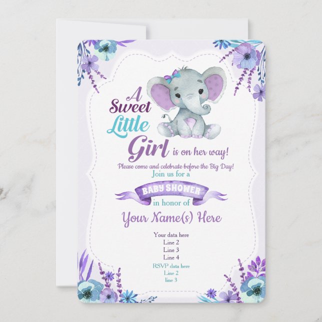 Purple Teal girl elephant invitation baby shower (Front)