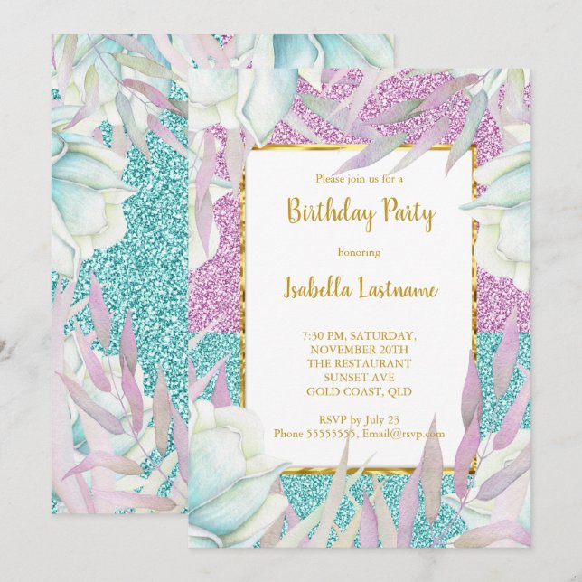 Purple Teal Glitter Floral Gold Birthday Party Invitation (Front/Back)