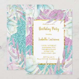 Purple Teal Glitter Floral Gold Birthday Party Invitation