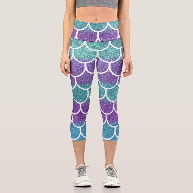 Purple Teal Glitter Mermaid Scallop Scales Capri Leggings (Front)