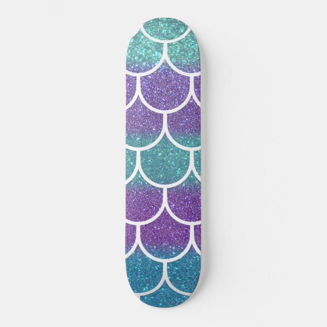 Purple Teal Glitter Mermaid Scallop Scales Skateboard (Front)