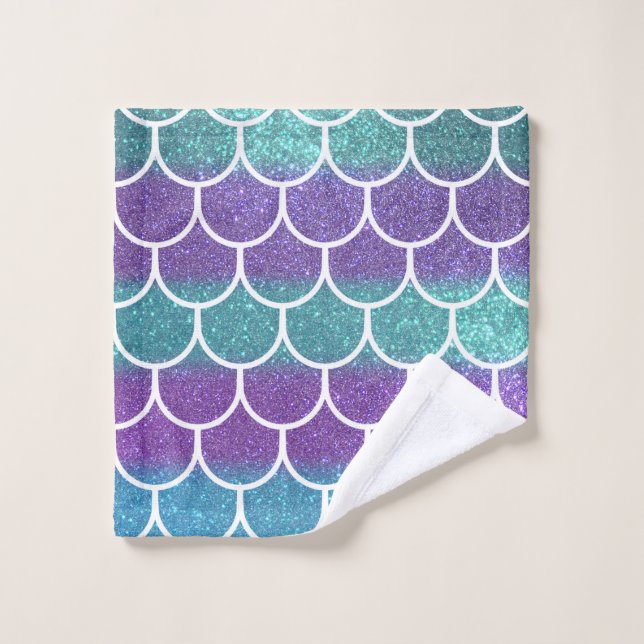 Purple Teal Glitter Mermaid Scallop Scales Wash Cloth (Wash Cloth)