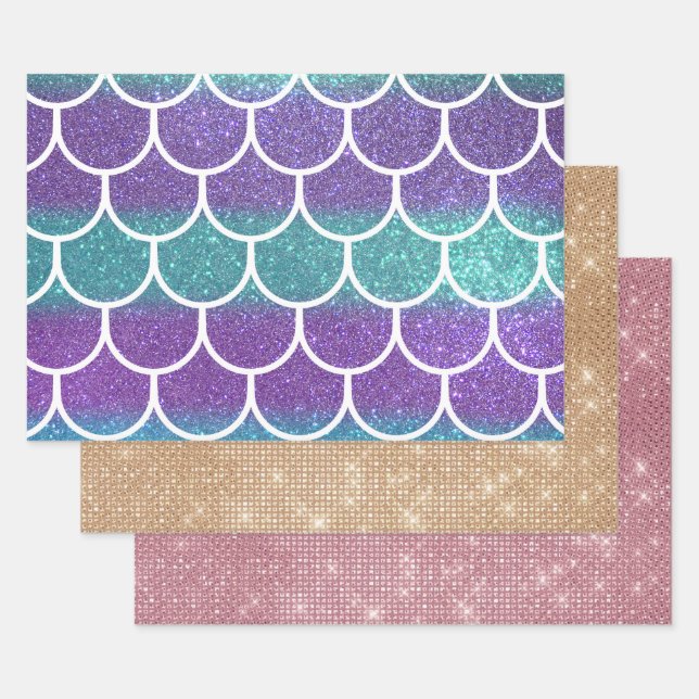 Purple Teal Glitter Mermaid Scallop Scales Wrapping Paper Sheet (Set)