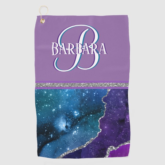 Purple Teal Glittery Silver Monogram First Name  Golf Towel (Front)
