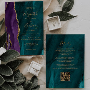 Purple Teal Gold Agate QR Code Wedding Invitation