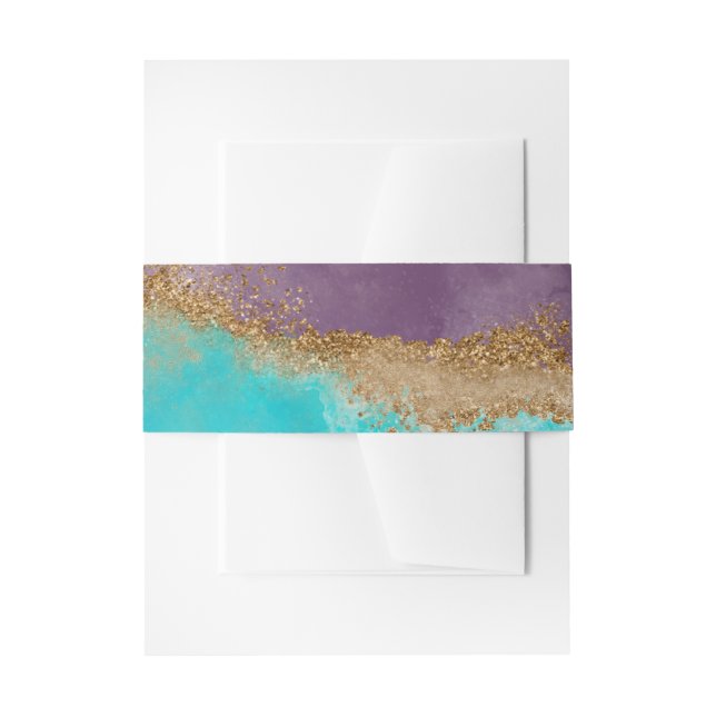 Purple, Teal & Gold Glitter Wedding Stationary Invitation Belly Band (Front Example)