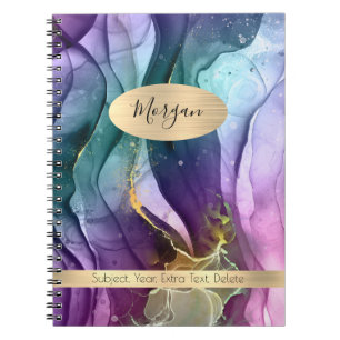 Purple, Teal, Gold Ink Abstract Name/Subject Notebook