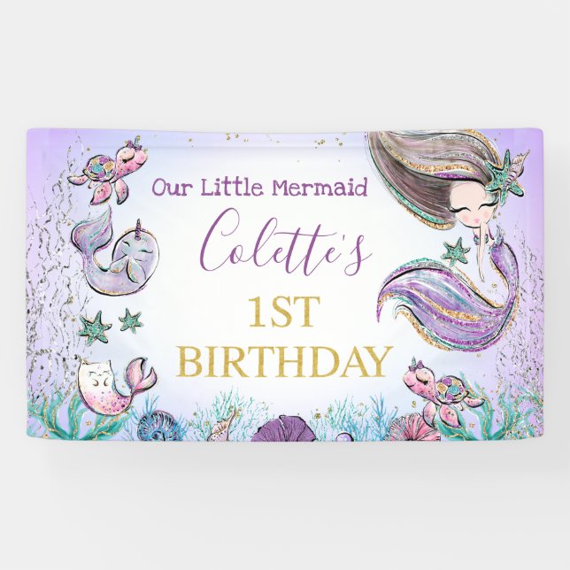 Purple Teal Gold Mermaid 1st Birthday Banner (Horizontal)