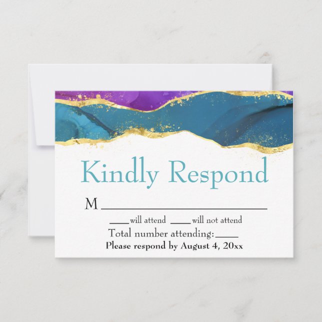  Purple Teal Gold Watercolor Ink RSVP Card (Front)