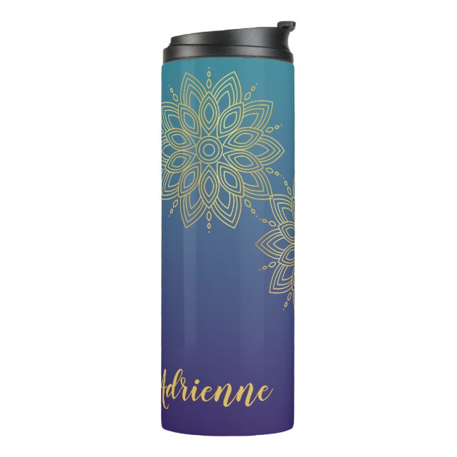 Purple Teal Gradient Faux Gold Mandala Thermal Tumbler (Rotated Left)