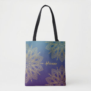 Purple Teal Gradient Faux Gold Mandala Tote Bag