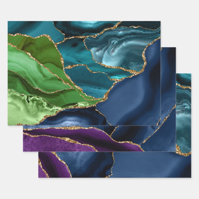 Purple & Teal & Green & Gold Glitter Peacock Agate Wrapping Paper Sheet (Set)