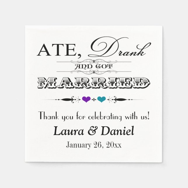 Purple, Teal Hearts, Scrolls Wedding Napkins (Front)