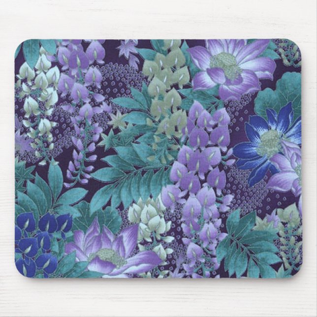 Purple & Teal Jungle Flowers Mouse Mat (Front)