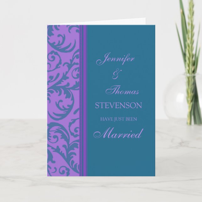 Purple Teal Just Married Announcement Card (Front)