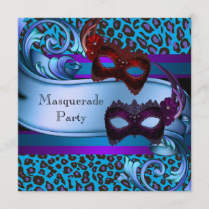 Purple Teal Leopard Masks Sweet 16 Masquerade Invitation