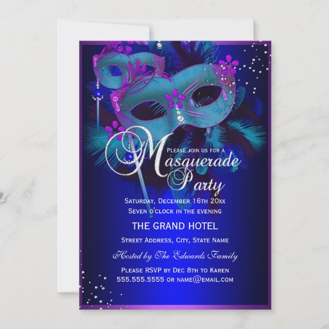 Purple & Teal Masks Masquerade Party Invite (Front)