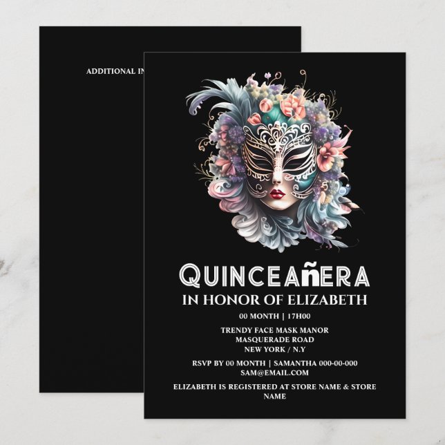 Purple teal masquerade mask quinceanera birthday invitation (Front/Back)