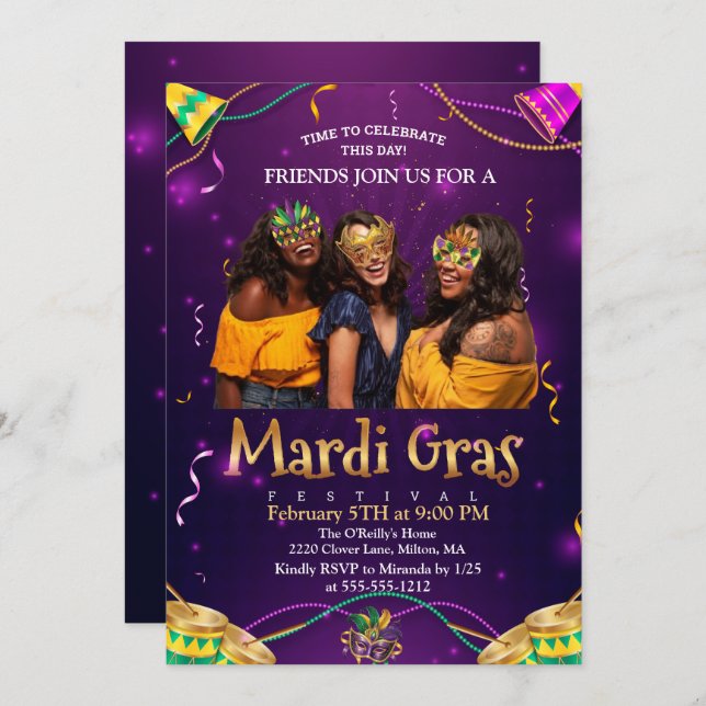 Purple | Teal Masquerade Masks Mardi Gras Party Invitation (Front/Back)