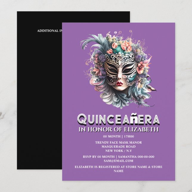 Purple teal masquerade theme quinceanera birthday invitation (Front/Back)