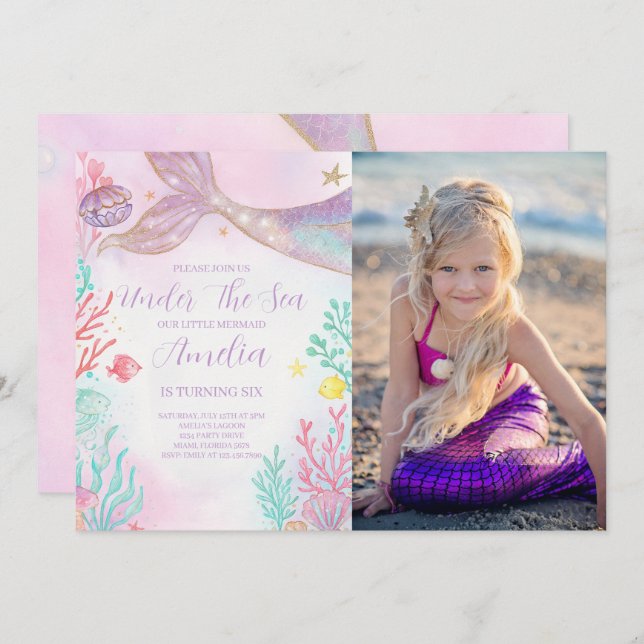 Purple Teal Mermaid Birthday Photo Invitation (Front/Back)