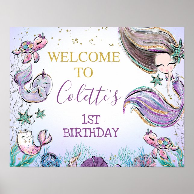 Purple Teal Mermaid Birthday Welcome Sign (Front)