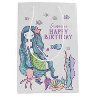 Purple Teal Mermaid Happy Birthday Personalised Medium Gift Bag
