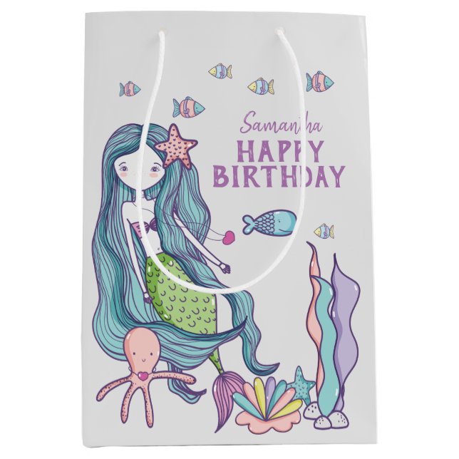 Purple Teal Mermaid Happy Birthday Personalised Medium Gift Bag (Front)