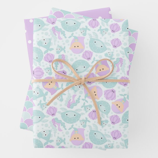 Purple & Teal Mermaid Party Wrapping Paper Sheet (In situ)