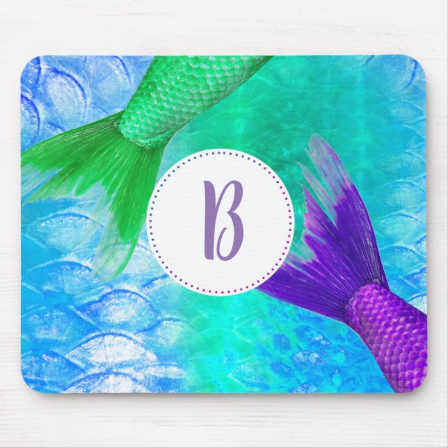 Purple & Teal Mermaid Tails & Scales | Monogram Mouse Mat (Front)