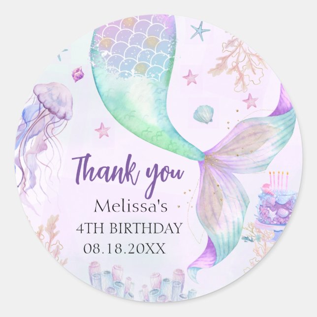 Purple Teal Mermaid Thank You Classic Round Sticker (Front)