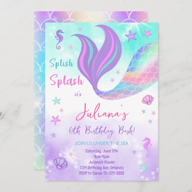 Purple Teal Mermaid Under the Sea Birthday Invite (Front/Back)