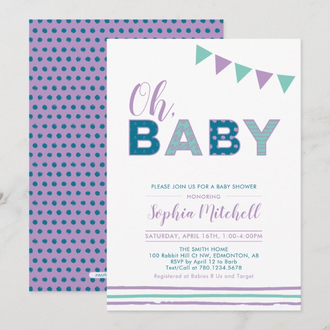 Purple & Teal | Modern Typography Girl Baby Shower Invitation (Front/Back)