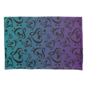 Purple Teal Ombre Clef Hearts Music Notes Pattern Pillowcase