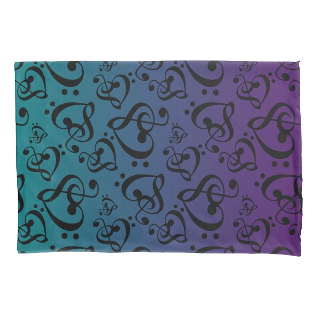 Purple Teal Ombre Clef Hearts Music Notes Pattern Pillowcase (Front)