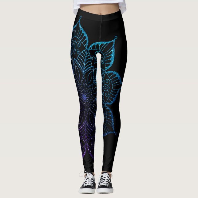Purple & Teal Ombre Faux Glitter Mandala on Black Leggings (Front)