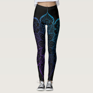 Purple & Teal Ombre Faux Glitter Mandala on Black Leggings