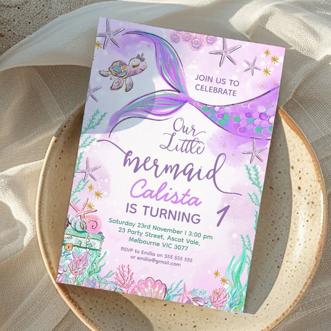 Purple Teal Our Little Mermaid 1st Birthday  Invitation (Purple Teal Our Little Mermaid 1st Birthday Invitation, Instant Under the Sea Mermaid Birthday Party)