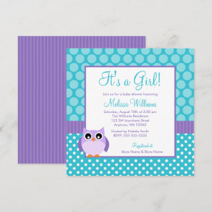 Purple Teal Owl Polka Dot Girl Baby Shower Invitation