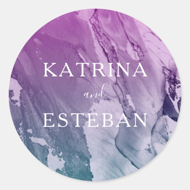 Purple Teal Paint Texture Wedding Favour Classic Round Sticker (Front)