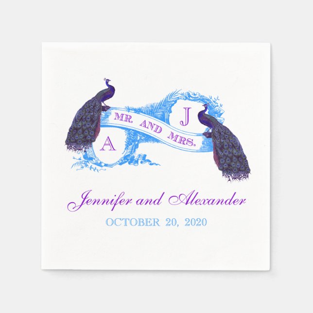 Purple Teal Peacock Wedding Paper Napkins (Front)