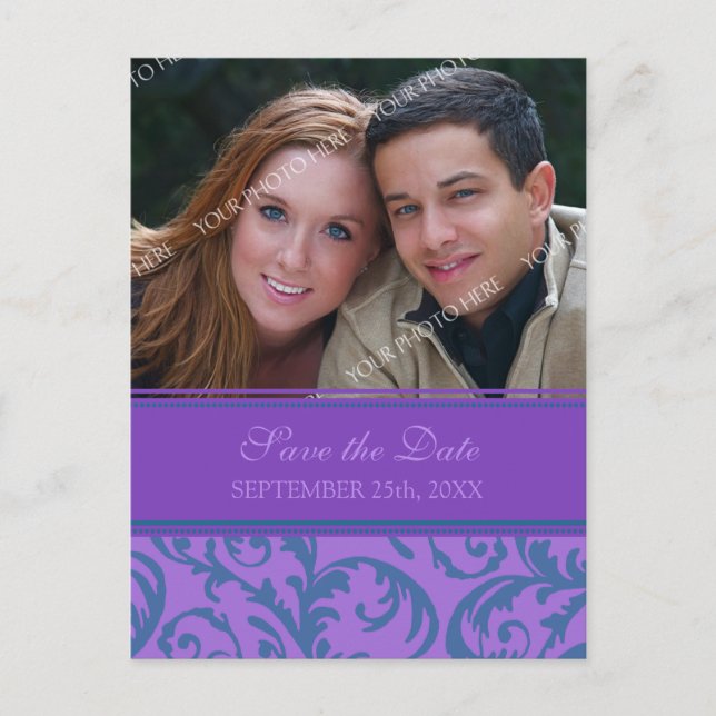 Purple Teal Photo Save the Date Wedding Postcards (Front)