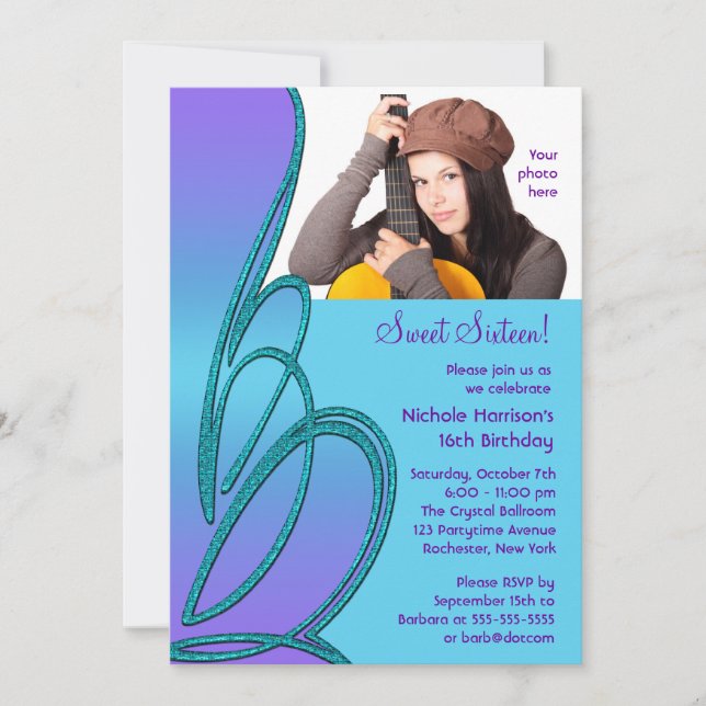 Purple Teal Photo Sweet Sixteen Party Invitation (Front)