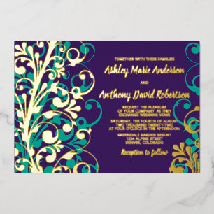 Purple Teal Real Gold Foil Floral Wedding