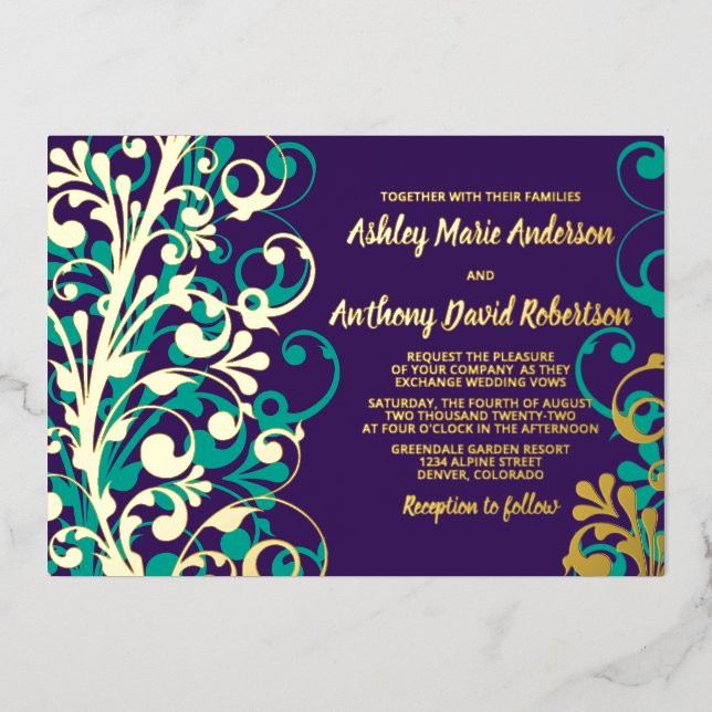 Purple Teal Real Gold Foil Floral Wedding (Front)