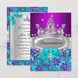 Purple Teal Shimmer Tiara Quinceanera Invitation