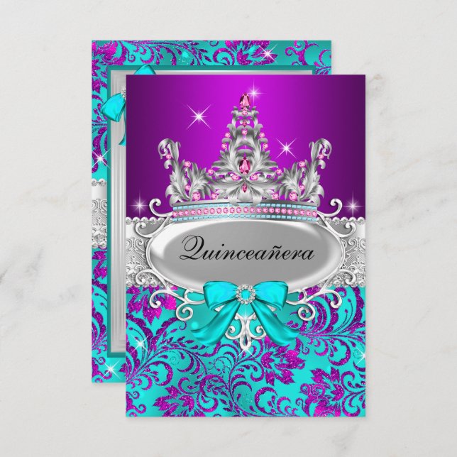 Purple Teal Shimmer Tiara Quinceanera Invitation (Front/Back)