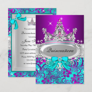 Purple Teal Shimmer Tiara Quinceanera Invitation